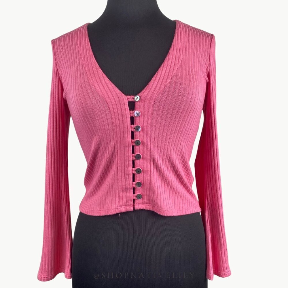 Reformation Pink Ribbed Button-Front Crop Top - Picture 3 of 12